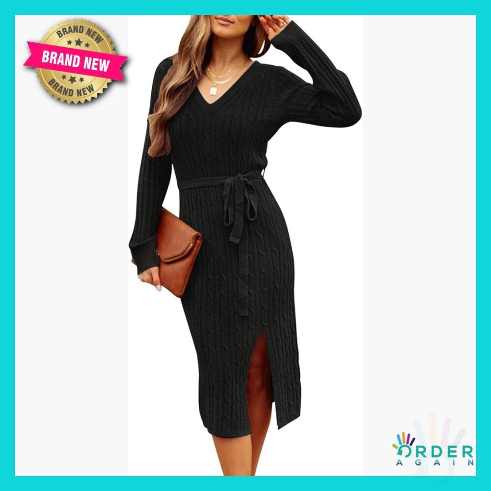 V-Neck Cable Knit Sweater Dress Bodycon Midi Slit Hem Elegant Party Wear